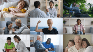 Collage of nine pics of patients and caregivers in various settings