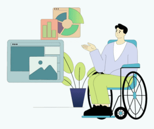 Cartoon image of a person in a wheel chair gesturing to data representation