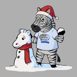Rarity the RPV cartoon zebra mascot building a snow zebra