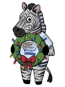 Rarity the RPV zebra mascot holding a holiday wreath