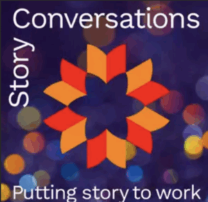 The Story Conversations podcast logo (an orange and red flower) appears on a dark blue background